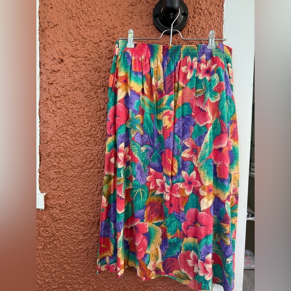 Vintage 90s Made in USA Sag Harbor Floral Midi Skirt Large Pockets Tropical
